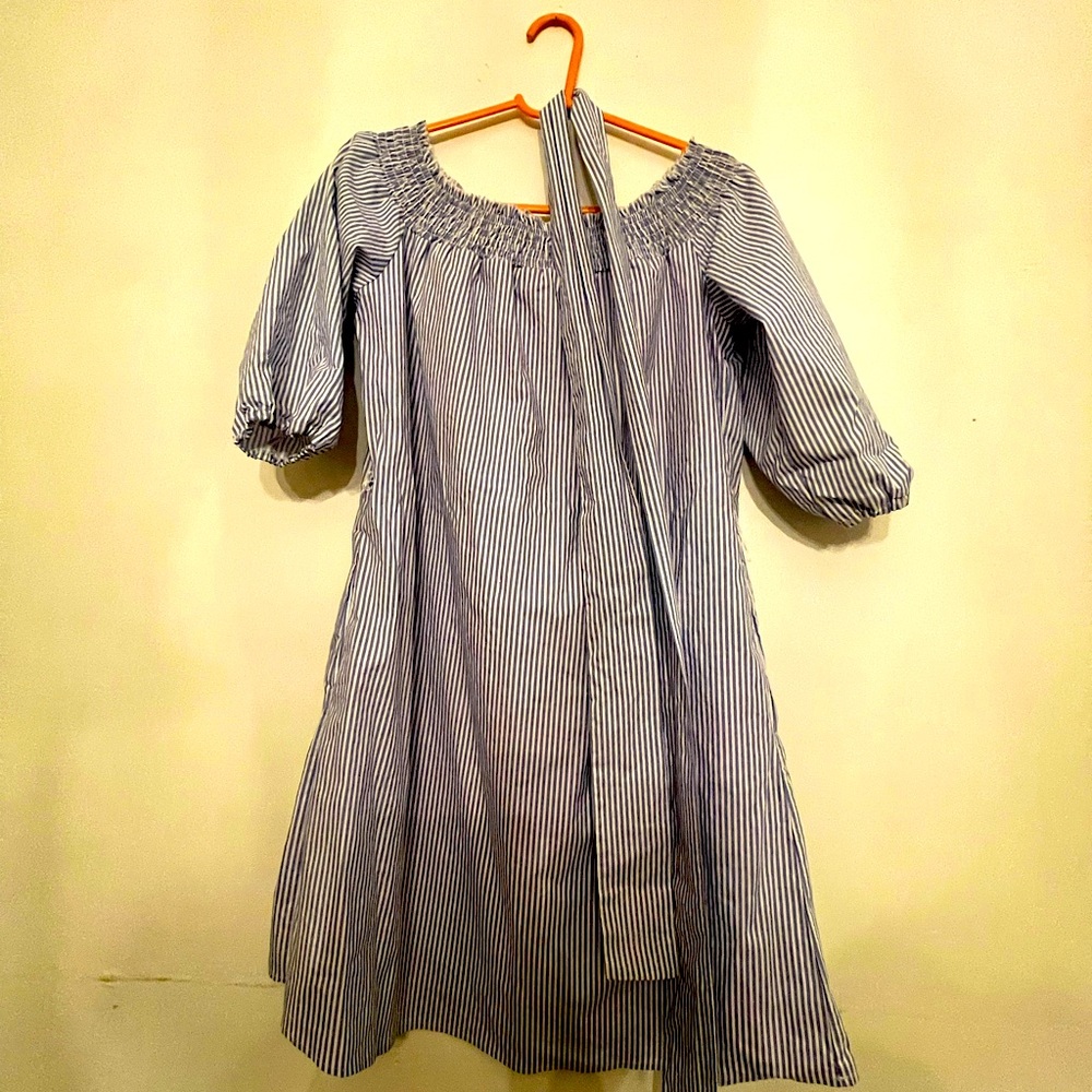 Lite blue cotton pinstripe dress. Lined. Size large. With self tie belt